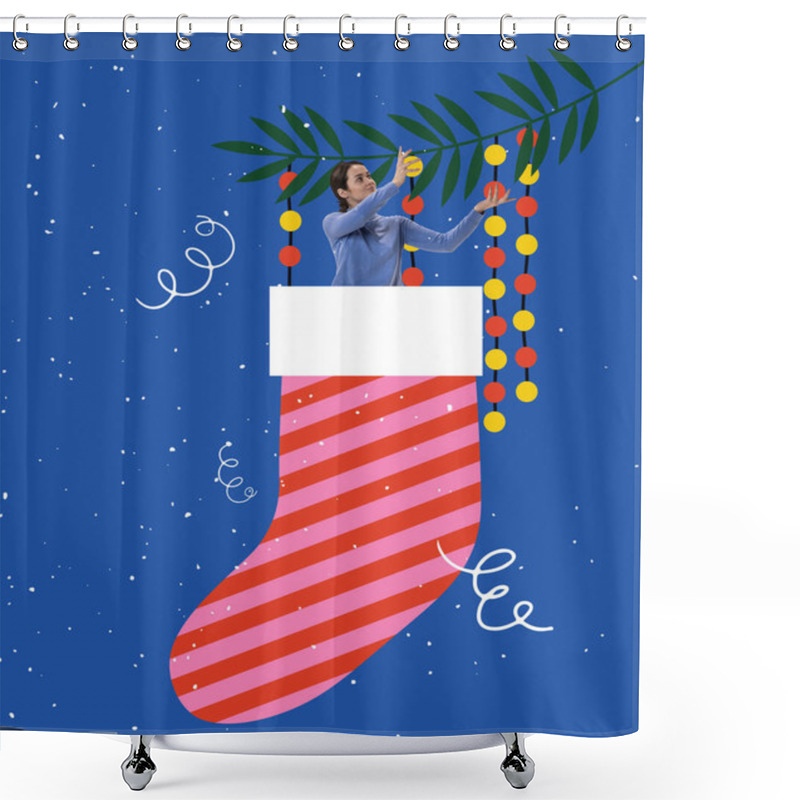 Personality  Contemporary Art Collage. Creative Design For Greeting Card. Ideas, Inspirations, Retro Style. Concept Of Holiday, Winter Vacation, New Year, Christmas, Creativity, Fun And Ad Shower Curtains