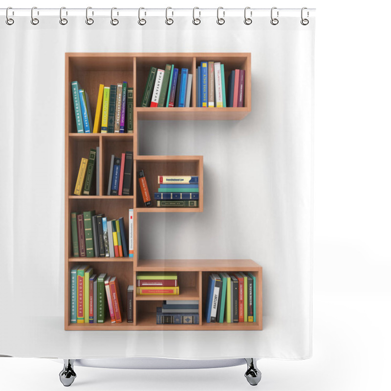 Personality  Letter E. Alphabet In The Form Of Shelves With Books Isolated On Shower Curtains