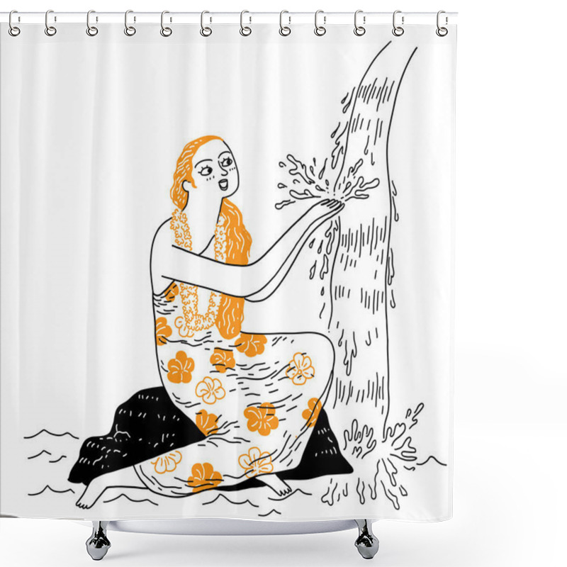 Personality  Pretty Woman With Long Hair Bathe In The Waterfall, Vector Illustration Hand Drawn Shower Curtains