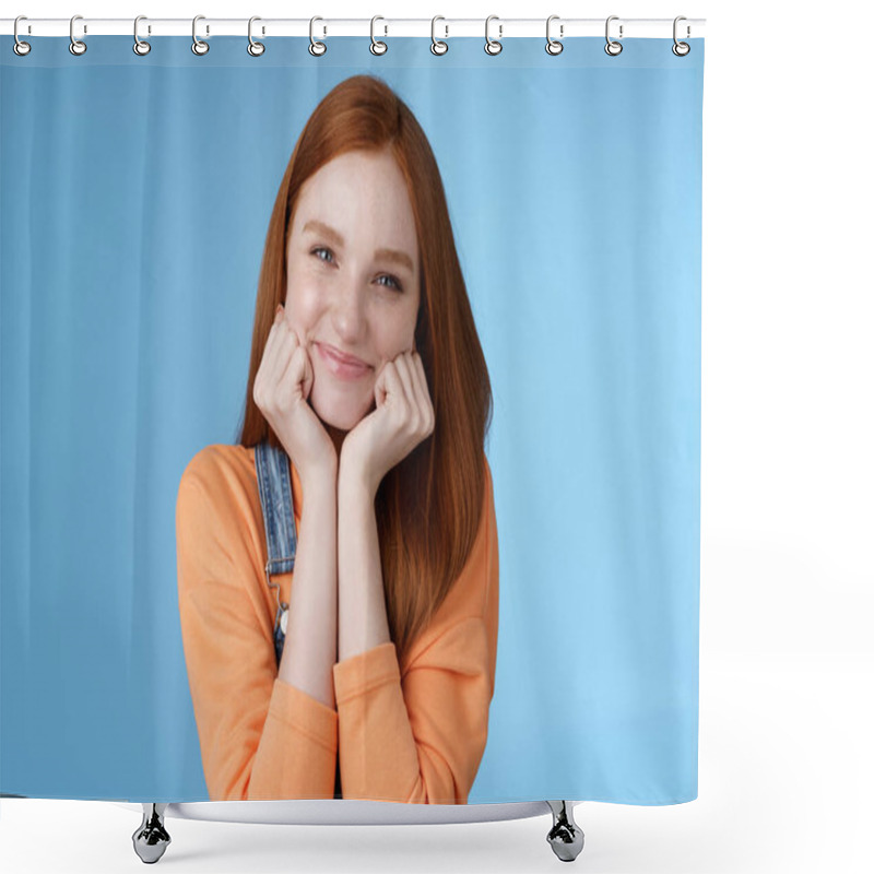 Personality  Tenderness, Wellbeing, Beauty Conept. Attractive Young Ginger Girl Pure Skin Blue Eyes Lean Palms Silly Smiling Camera Look Amused Enthusiastic Listen Interesting Stories Gladly, Blue Background Shower Curtains