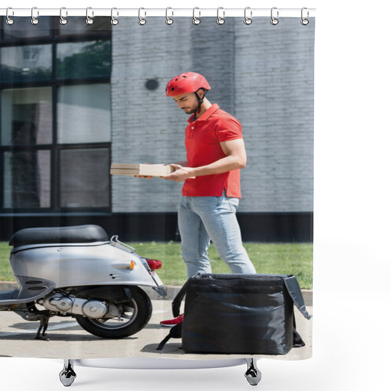 Personality  Young Muslim Courier In Helmet Holding Pizza Boxes Near Scooter And Thermo Backpack Outdoors  Shower Curtains