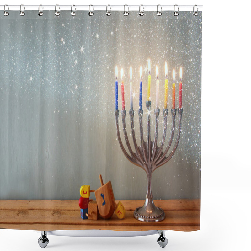 Personality  Low Key Image Of Jewish Holiday Hanukkah With Menorah (traditional Candelabra) And Wooden Dreidels (spinning Top). Retro Filtered Image With Glitter. Shower Curtains