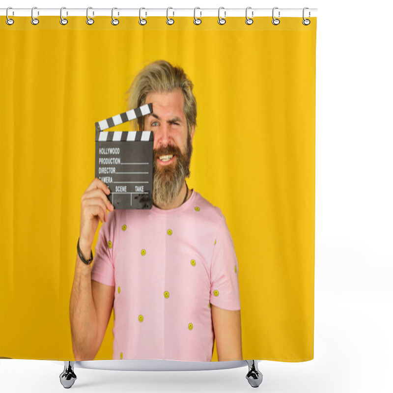 Personality  Watch Movie. Film Director. Actor Casting. Shooting Scene. Favorite Series. Action. Cinema Production. Creative Producer. Bearded Man Hold Movie Clapper. Film Making Concept. Clapperboard Copy Space Shower Curtains