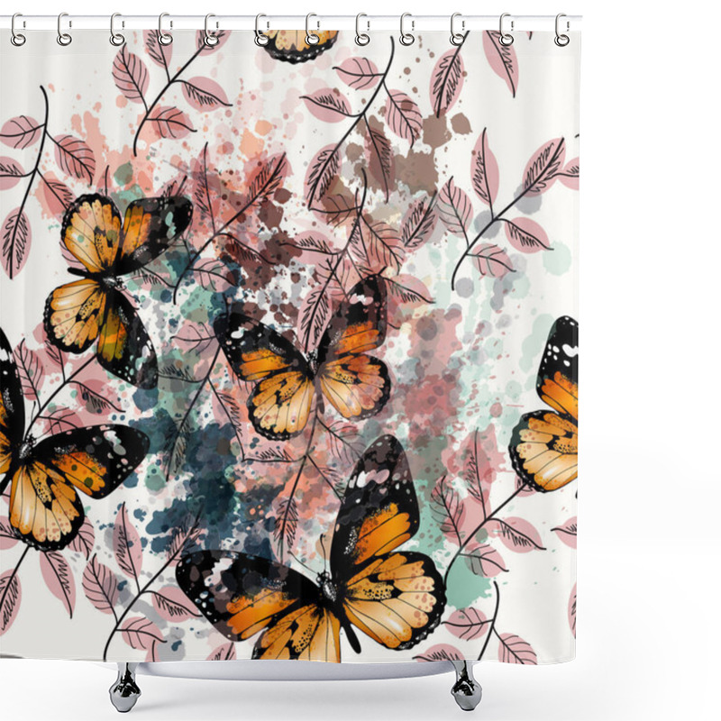 Personality  Floral Vector Pattern With Ink Spots And Butterflies Shower Curtains