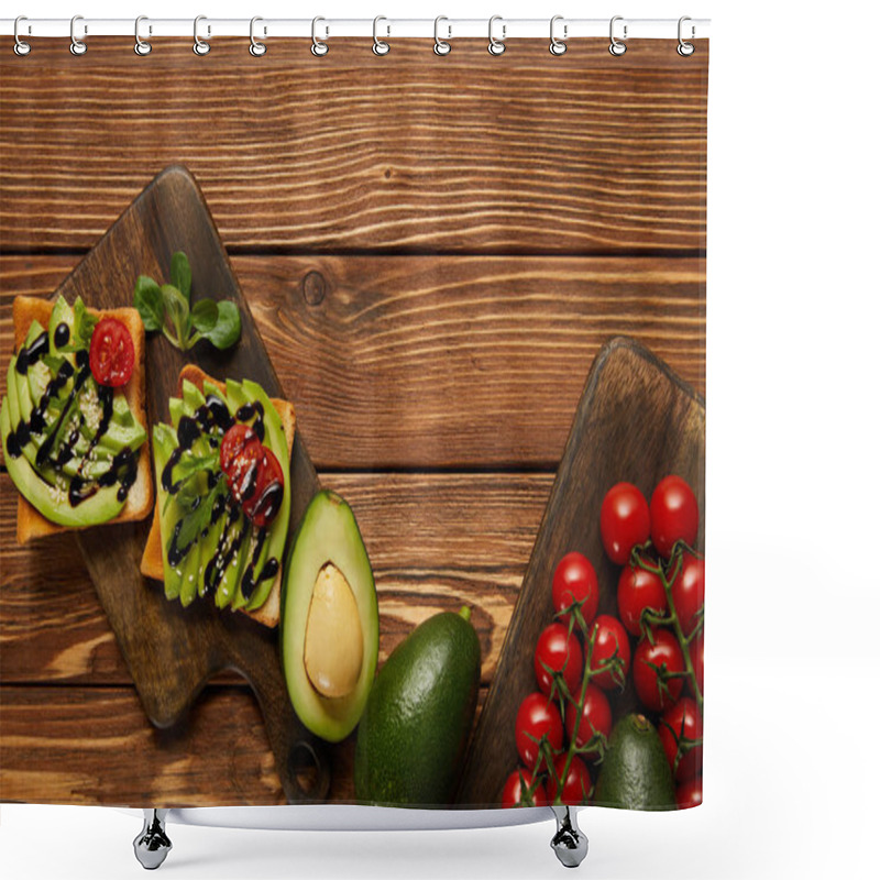 Personality  Top View Of Toasts With Avocados, Cherry Tomatoes On Wooden Background Shower Curtains