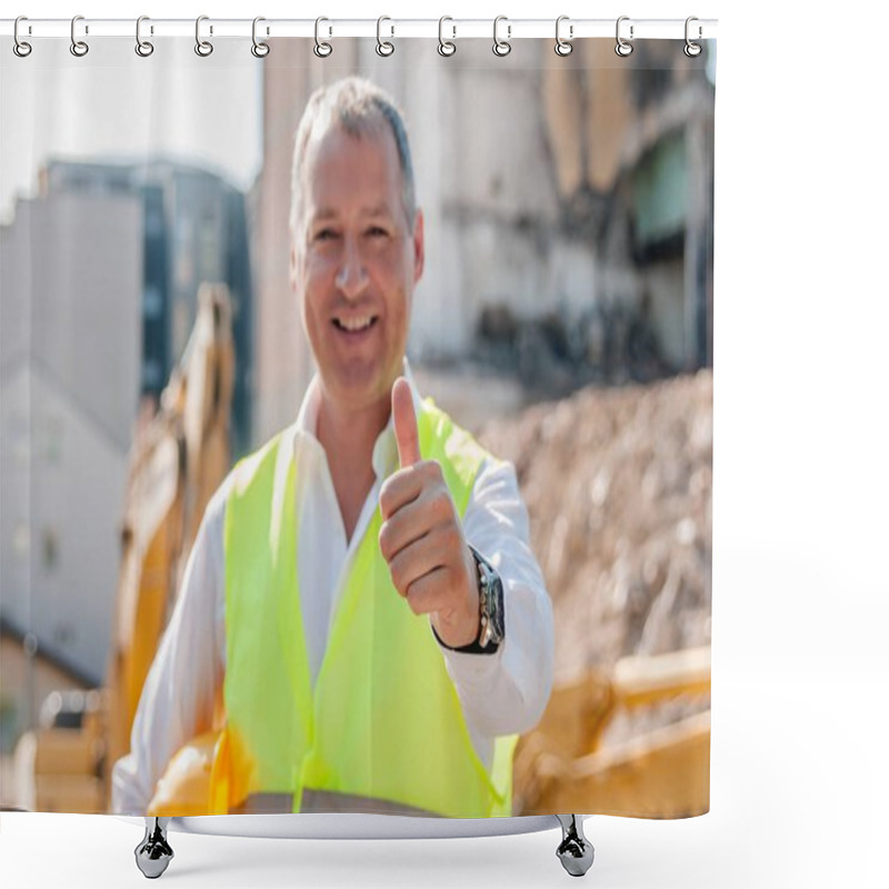 Personality  Portrait Of Smiling Civil Engineer Holding Hardhat And Showing Thumb Up Gesture On Construction Site Shower Curtains