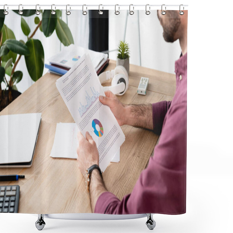 Personality  Cropped View Of Businessman Holding Paper With Analytics Near Laptop And Wireless Headphones Shower Curtains