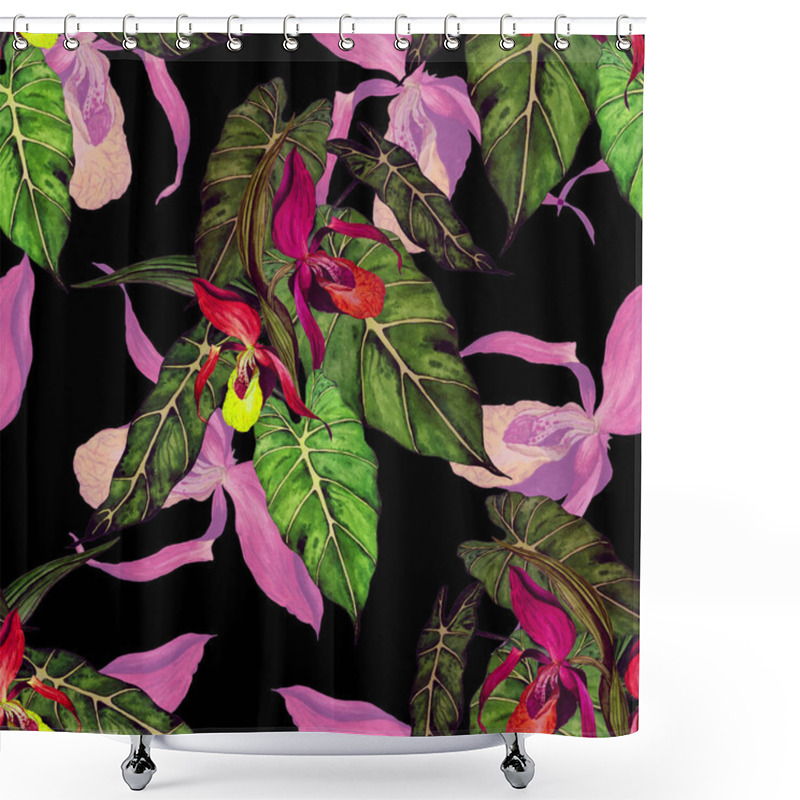 Personality  Watercolor Floral Seamless Patern With Tropical Orchid Flowers On Black. Exotic Floral Print. Colorful Spring Or Summer Nature Background. Shower Curtains