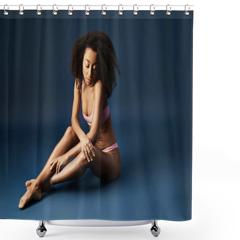 Personality  Young African American Woman Flaunting A Stylish Pink Bikini Against A Serene Blue Backdrop. Shower Curtains