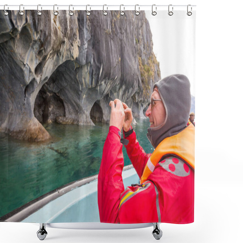 Personality  Tourist In Boat Tour To Unusual Marble Caves On The Lake Of General Carrera, Patagonia, Chile. Carretera Austral Trip. Shower Curtains