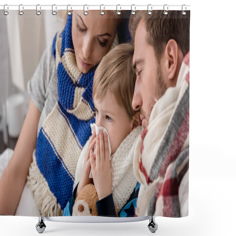 Personality  Close-up Portrait Of Sick Little Kid Blowing Nose While Lying In Bed With Parents Shower Curtains