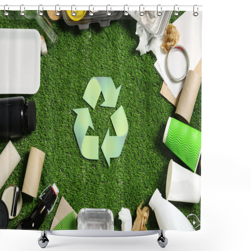 Personality  Recycling Symbol And Different Garbage On Synthetic Turf Shower Curtains