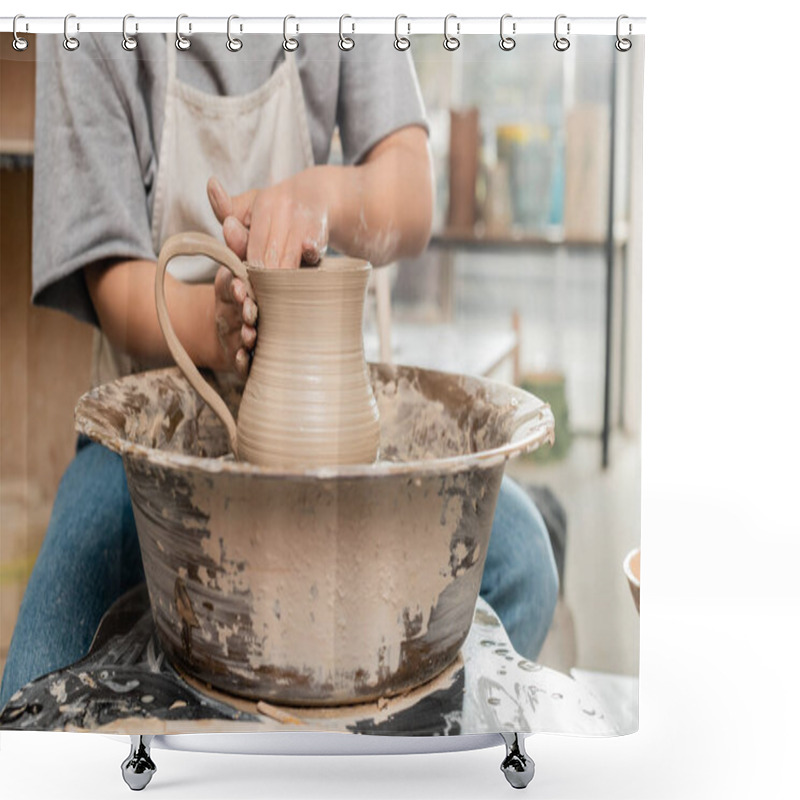 Personality  Cropped View Of Young Female Artisan In Apron Making Clay Jug While Working With Pottery Wheel On Table In Blurred Ceramic Workshop, Artisanal Pottery Production And Process Shower Curtains