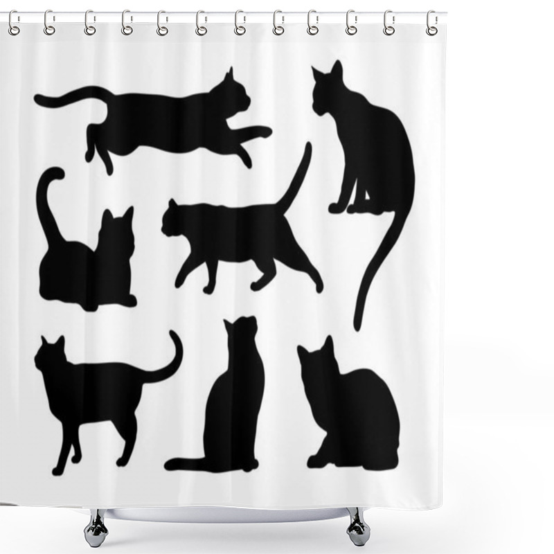 Personality  Black Cat Silhouette Abstract Set In Different Poses. Sitting, Standing, Running Etc. Icon, Logo Vector Illustration. Shower Curtains