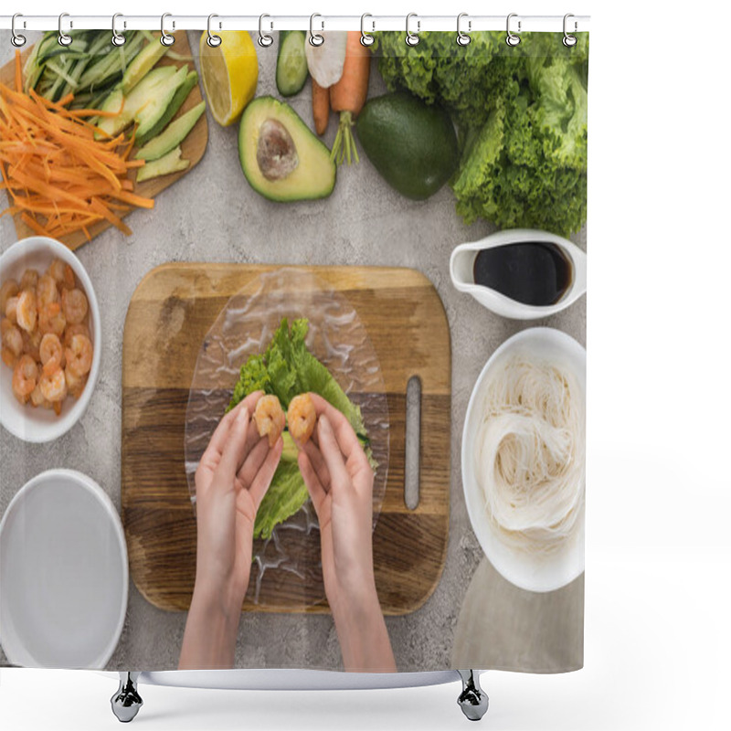 Personality  Top View Of Woman Putting Shrimps On Lettuce, On Cutting Board  Shower Curtains