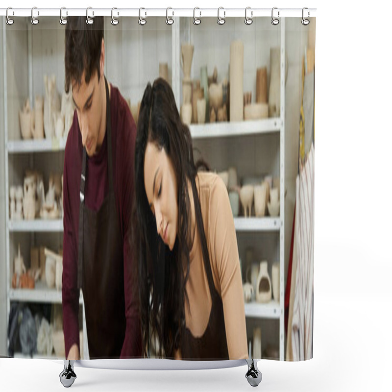 Personality  A Couple Creates Beautiful Pottery In A Serene, Artistic Environment. Shower Curtains