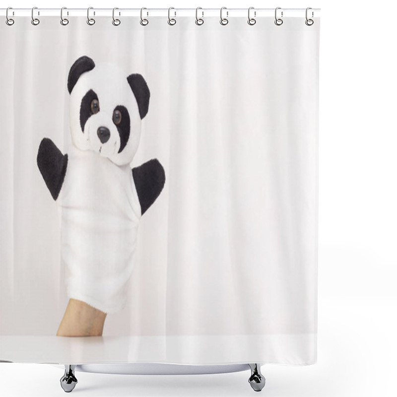 Personality  Puppet Theater On A White Background. Friendly Animals Hold Hands. The Concept Of Playing With Children, Friendship, Family, Entertainment. Nanny Entertains Children. Copyspace Shower Curtains