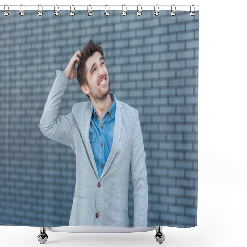 Personality  Portrait Of Quizzical Thoughtful Handsome Bearded Man In Casual Style Touching His Head While Trying To Find True Answer On Brick Wall Background Shower Curtains