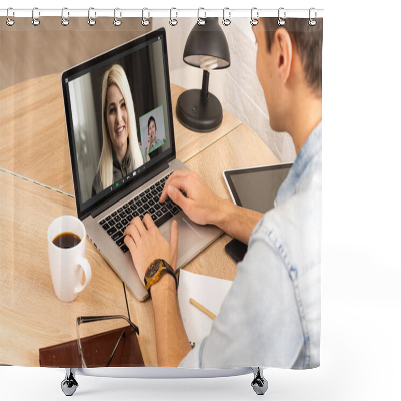 Personality  View Over Businessman Shoulder At Laptop Where Four Multiracial Colleagues Engaged At Group Meeting On-line, Video Conference Call Communicating By Webcam, Distant Webinar, Online Negotiations Concept Shower Curtains