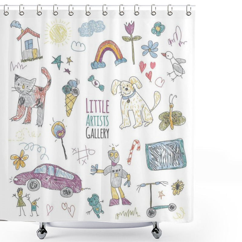 Personality  Set Of Childrens Doodles. Kids Drawings Vibrant Collection. Artwork Featuring A Mix Of Colorful And Playful Drawings. The Images Vary In Style, Showing Animals, Landscapes, Smiling People, And Shower Curtains