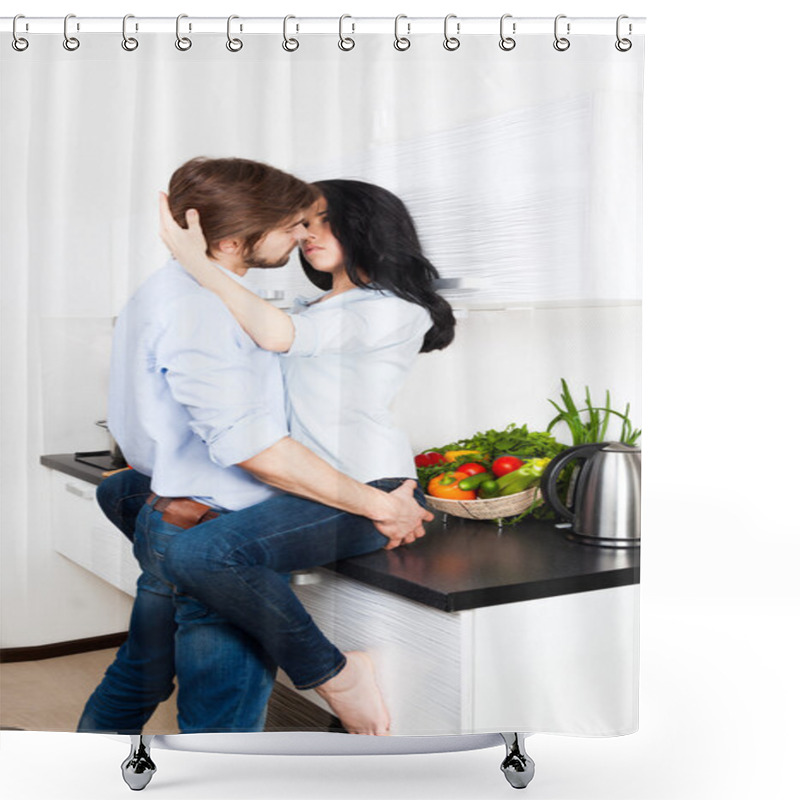 Personality  Couple Sensual Kissing At Their Kitchen Home Shower Curtains