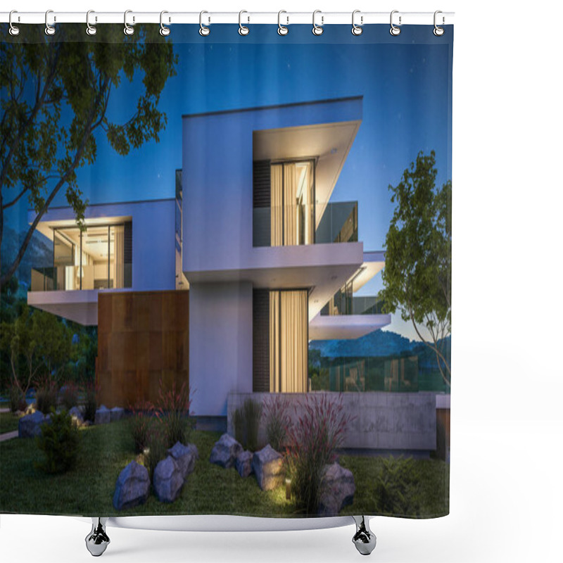 Personality  3d Rendering Of Modern House By The River At Night Shower Curtains