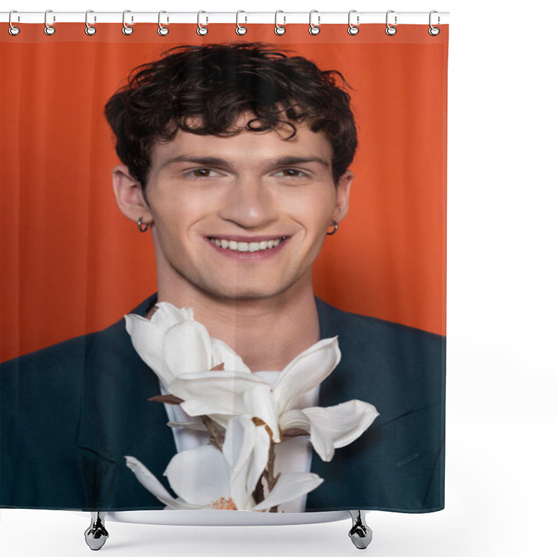 Personality  Portrait Of Smiling Young Man Looking At Camera Near Blooming Magnolia Isolated On Red  Shower Curtains