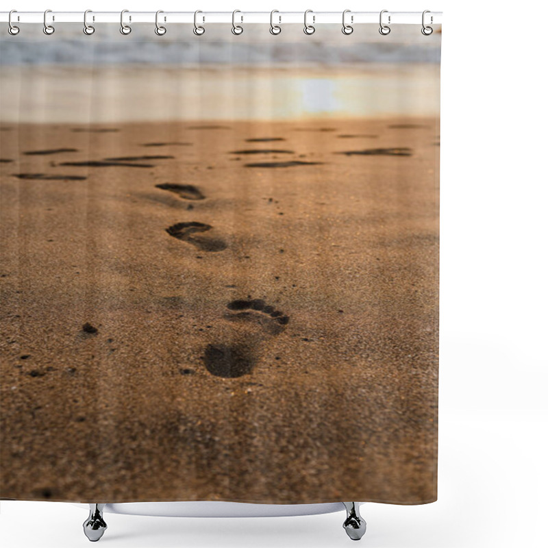 Personality  Footprints In The Sand On A Balinese Beach During Sunset Shower Curtains