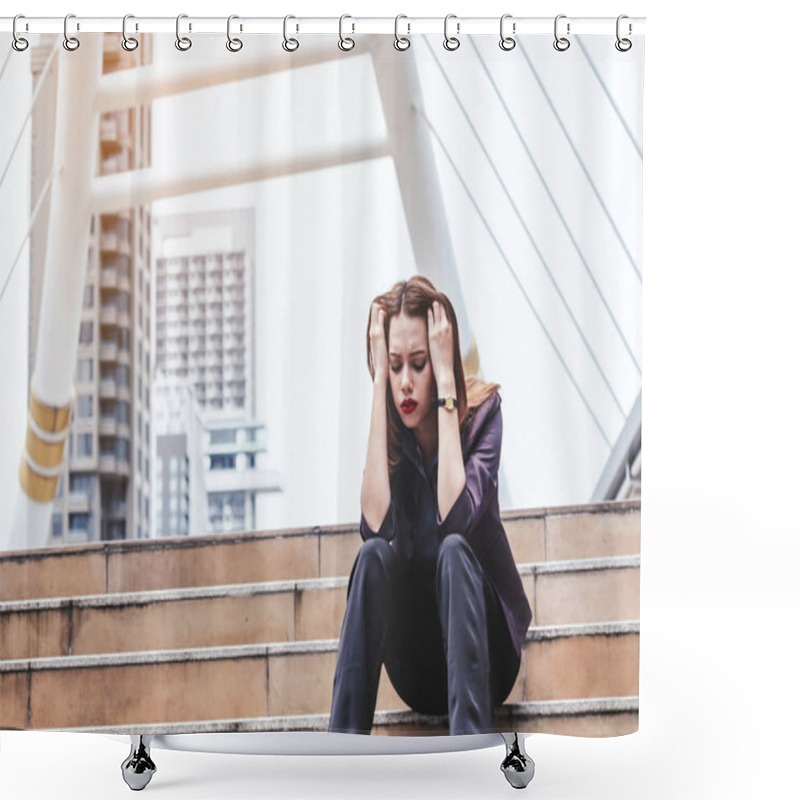 Personality  Unemployed Businesswoman Sit On Stair Shower Curtains