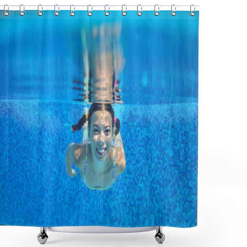 Personality  Child Swims In Pool Underwater, Happy Active Girl Has Fun Under Water, Kid Sport On Family Vacation Shower Curtains