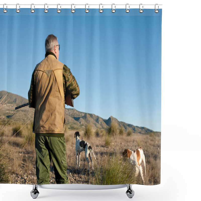 Personality  Hunter And Dogs Watching Out For The Prey Shower Curtains