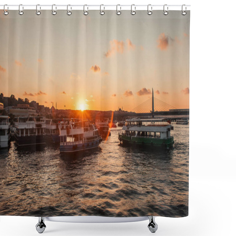 Personality  Boats In Sea With Sunset Sun And Golden Horn Metro Bridge At Background, Istanbul, Turkey  Shower Curtains