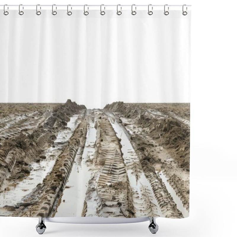 Personality  Mud-covered Agricultural Field With Tractor Tire Marks Creating Deep Ruts. Shower Curtains