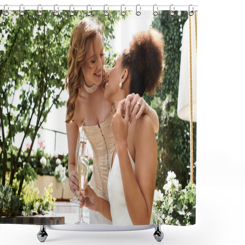 Personality  Lesbian Couple Cherishing Romantic Wedding Moment, Holding Champagne Flutes, Smiling. Shower Curtains