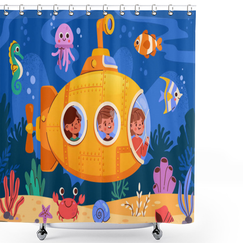 Personality  Submarine Under Sea Concept. Small Inquisitive Children On Bathyscaphe Explore Underwater World, Flora And Fauna. Smiling Boys And Girls Look At Fish And Algae, Cartoon Flat Vector Illustration. Shower Curtains