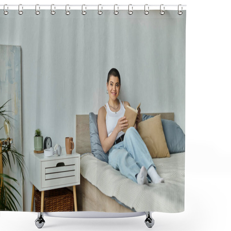 Personality  A Young Woman With Short Hair, Dressed Casually, Engrossed In Reading A Book While Sitting On A Bed. Shower Curtains