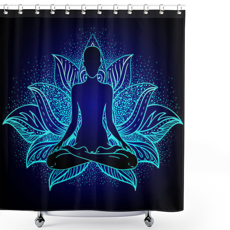 Personality  Chakra Concept. Inner Love, Light And Peace.  Buddha Silhouette In Lotus Position Over Colorful Ornate Mandala. Vector Illustration Isolated. Buddhism Esoteric Motifs. Tattoo, Spiritual Yoga. Shower Curtains