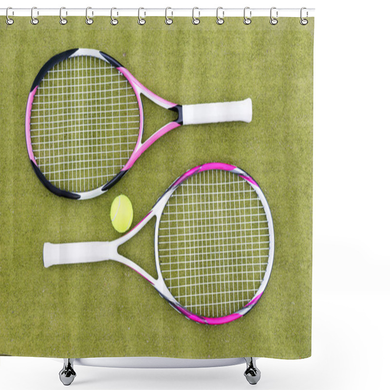 Personality  Tennis Rackets With Ball On Green Background Shower Curtains