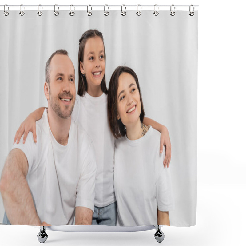 Personality  Stylish Family In White T-shirts Looking Away While Posing Together On Grey Background, International Child Protection Day, Preteen Daughter Hugging Happy Parents  Shower Curtains