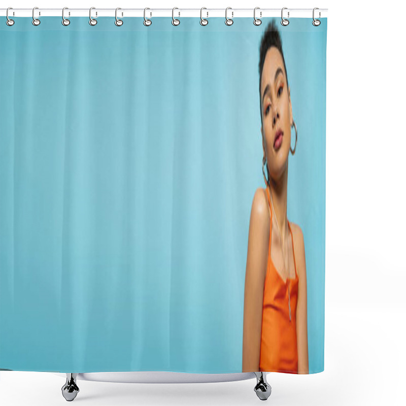 Personality  Portrait Of Young Fashion Model In Vivid Clothing And Bright Makeup On Blue Backdrop, Banner Shower Curtains