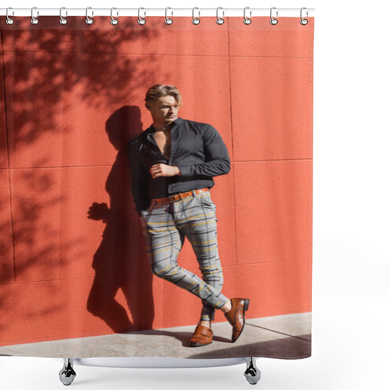 Personality  A Handsome Blonde Man In Stylish Attire Stands Against A Red Wall On A Sunny Day Shower Curtains