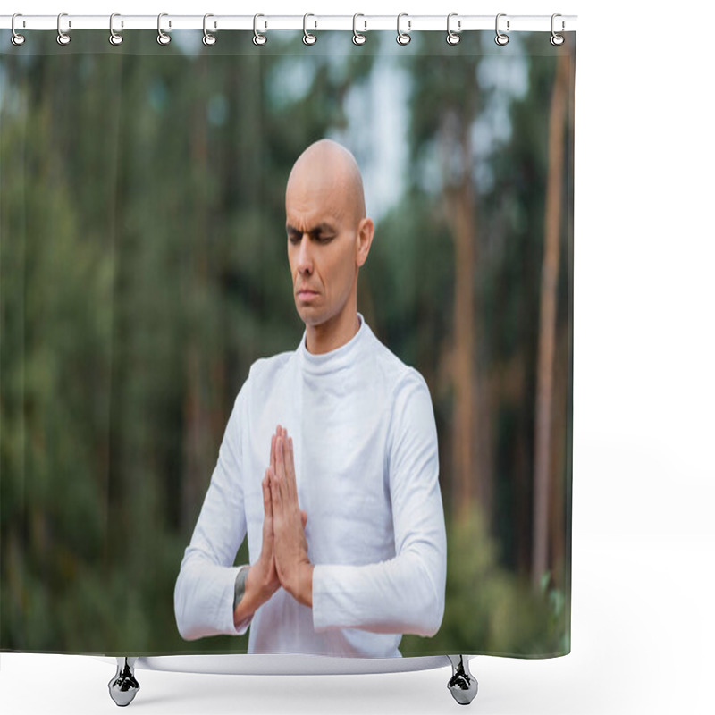 Personality  Buddhist In Sweatshirt Praying With Closed Eyes Outdoors Shower Curtains