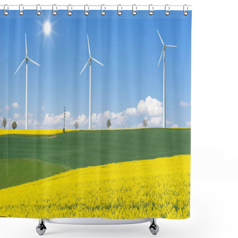 Personality  Flowering Rapeseed Fields With Three Wind Turbines Shower Curtains