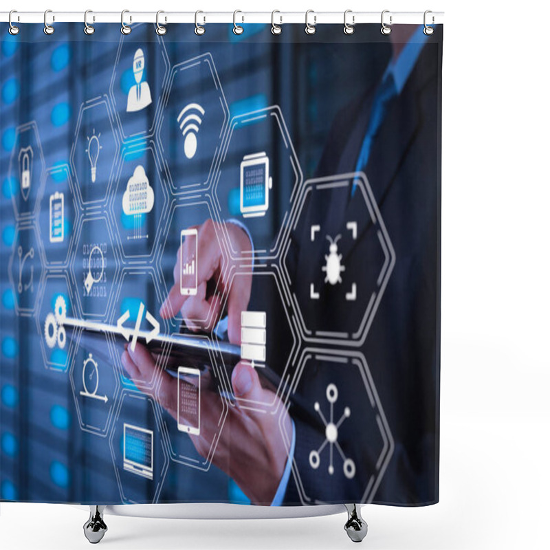 Personality  Coding Software Developer Work With Augmented Reality Dashboard Computer Icons Of Scrum Agile Development And Code Fork And Versioning With Responsive Cybersecurity.businessman Hand Using Tablet Computer. Shower Curtains