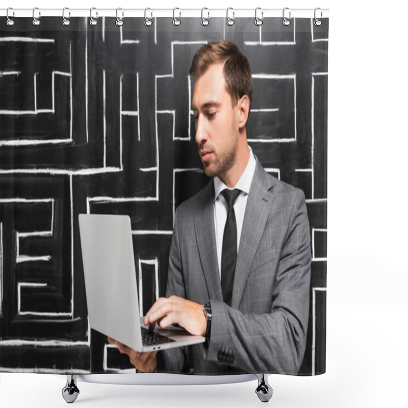 Personality  Handsome Businessman In Suit Standing Near Labyrinth And Using Laptop  Shower Curtains