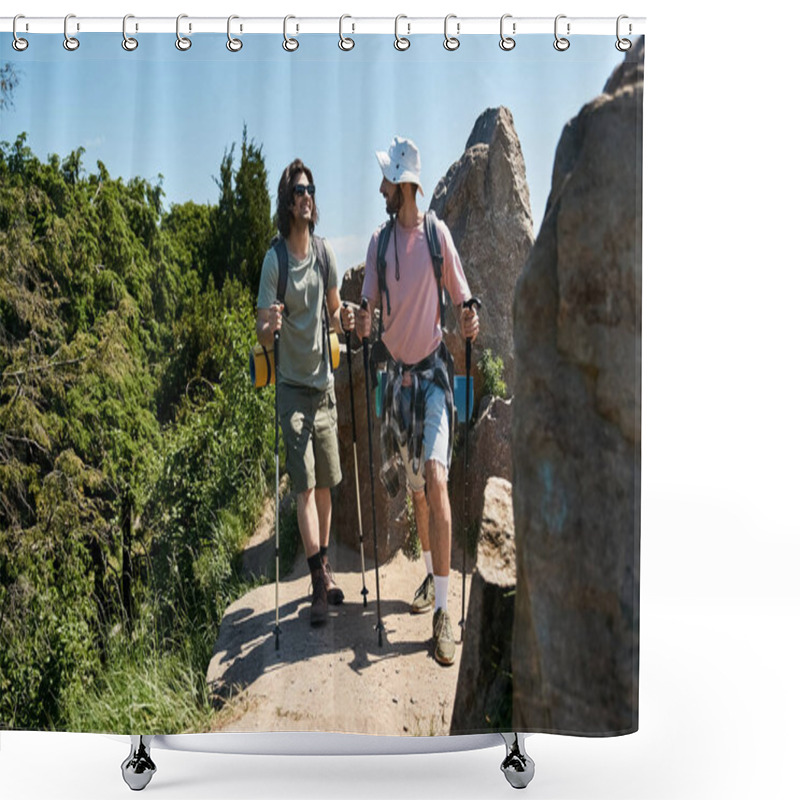 Personality  A Young Gay Couple Hikes Through A Rocky Wilderness Trail, Laughing And Enjoying The Summer Scenery. Shower Curtains