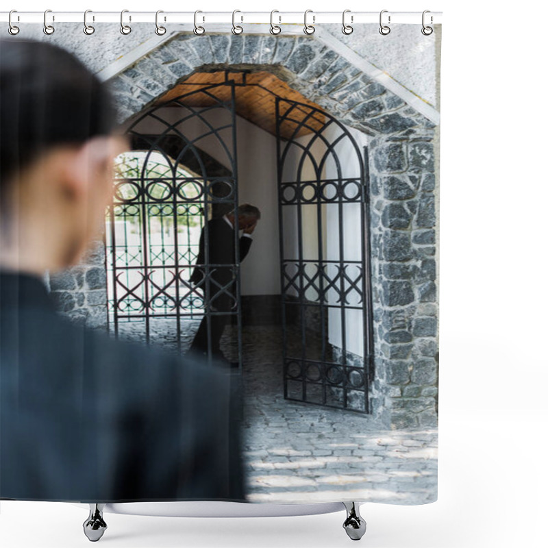 Personality  Selective Focus Of Sad Man Covering Face In Building Near Woman  Shower Curtains