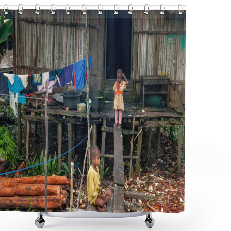 Personality  FOREST SMALL VILLAGE, IRIAN JAYA, NEW GUINEA, INDONESIA - JUNE 27, 2012: Children Of Asmat Tribe Near Home In Small Deaf Village In Jungle Of New Guinea Island. Shower Curtains