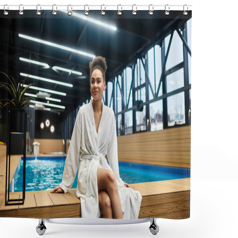 Personality  A Young African American Woman In A Robe Enjoys Relaxation By The Poolside In A Spa. Shower Curtains