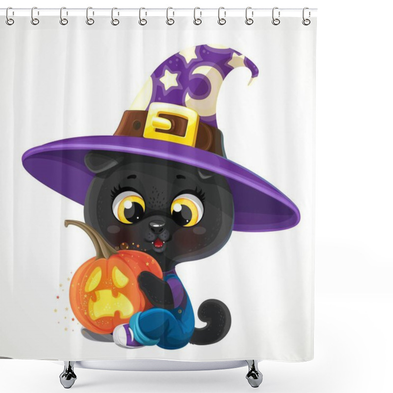 Personality  Cute Cartoon Baby Black Cat With Halloween Pumpkin Isolated On A White Background Shower Curtains